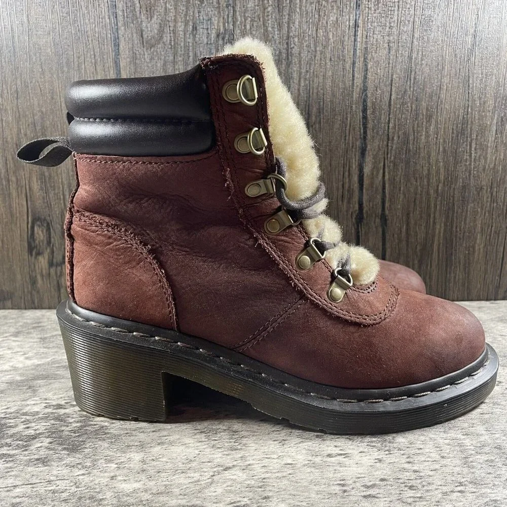 Dr Martens SYLVIA Boot 6 Eye Brown Shearling Lined Womens Platform Size 7 - Picture 3 of 8